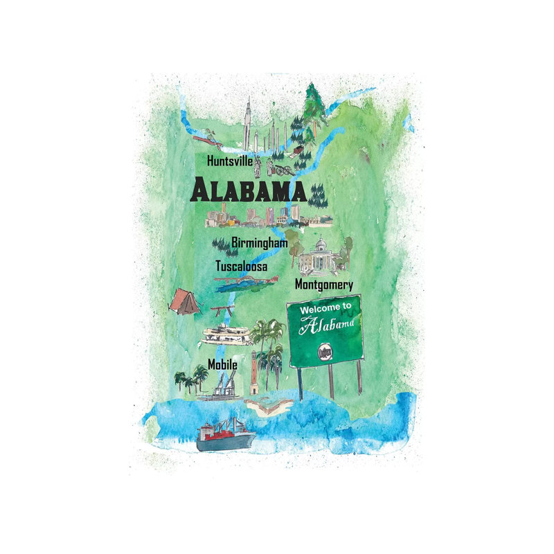 USA, Alabama Illustrated Travel Poster by Markus & Martina Bleichner - Wrapped Canvas Gallery-Wrapped Canvas Giclée