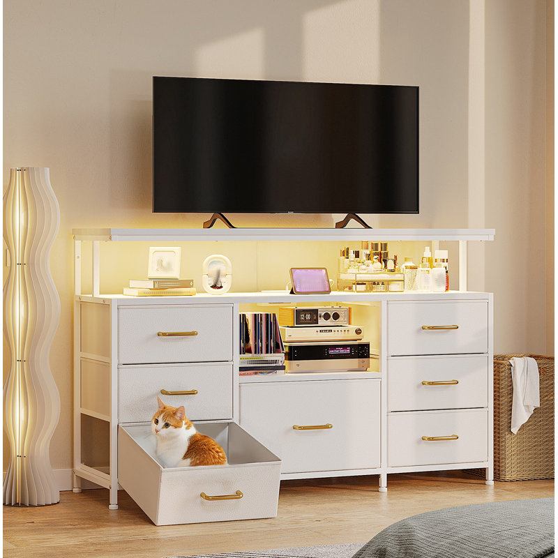 Meuble télé 55 po avec 7 tiroirs en tissu, lumières DEL et prises de courant, Blanc
