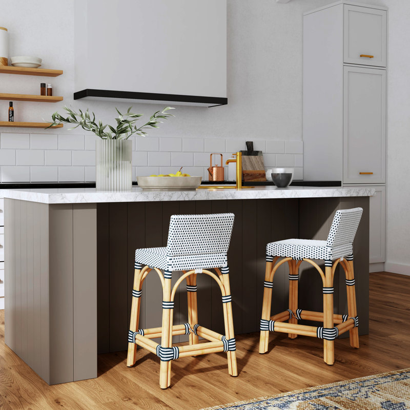 Tabouret de bar 24,5 po Estella, Blanc / pois bleu marine, Tabouret de comptoir avec siège d'une hauteur de 
