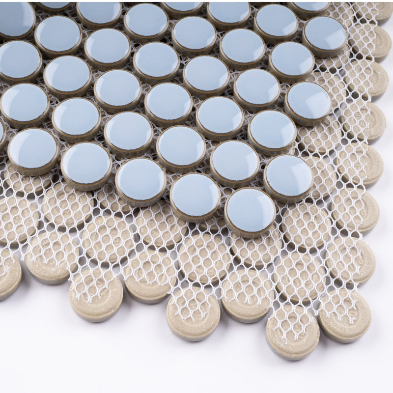 Porcetile Round 12.41 in. x 11.46 in. Penny Glossy Porcelain Mosaic Wall and Floor Tile, Sky Blue