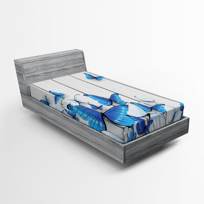 Blue Butterfly Print Microfiber Twin Fitted Sheet