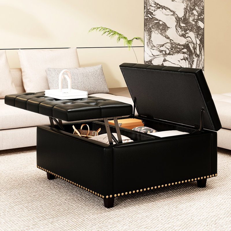 Grand rangement carré avec cadre en bois, housse en cuir noir surdimensionné pour le salon et le bureau