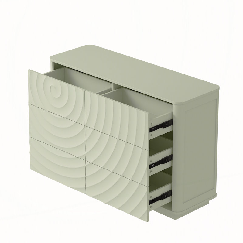 Commode 6 tiroirs moderne avec grain en spirale 3D et conception sans poignée, Sage Green