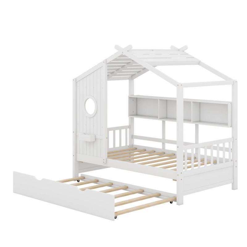 Lit avec lit gigogne et rangement Anallely, Double, Blanc