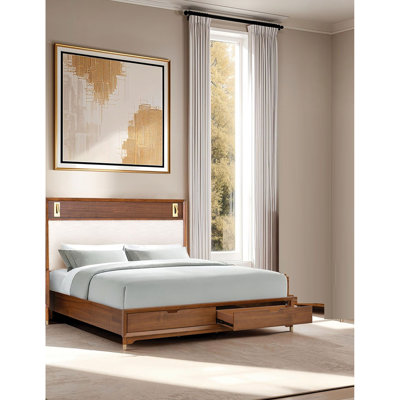 Grand lit de style Mid-Century moderne, finition noyer, bois massif et bois d'ingénierie, tête de lit tapissier avec tiroirs de rangement, design, noyer, pieds, lb