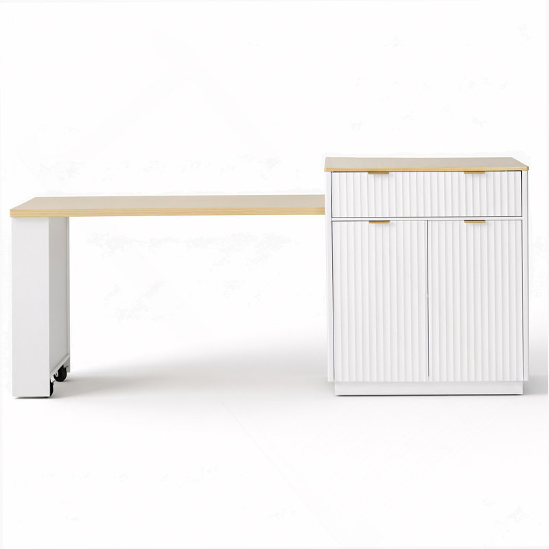 82.6" Fluted Kitchen Island With Extendable Dining Table For 4-6, Island Table For Kitchen With Power Outlet, Kitchen Table With Double-Side Storage, 2 Drawers 2 Side Open Shelves