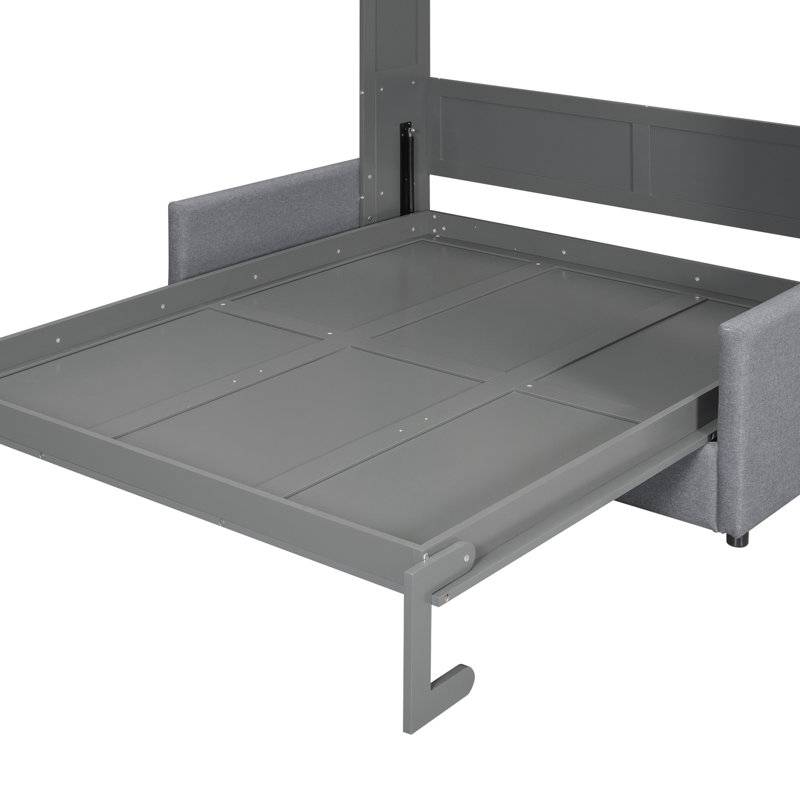 Lit mural gris Queen Size avec coussin, confortable et tout-en-un, garde l'espace de vie rangé, rangement unique en contreplaqué pour le matelas, convient parfaitement aux petits appartements, mécanisme de pliage en métal à double piston
