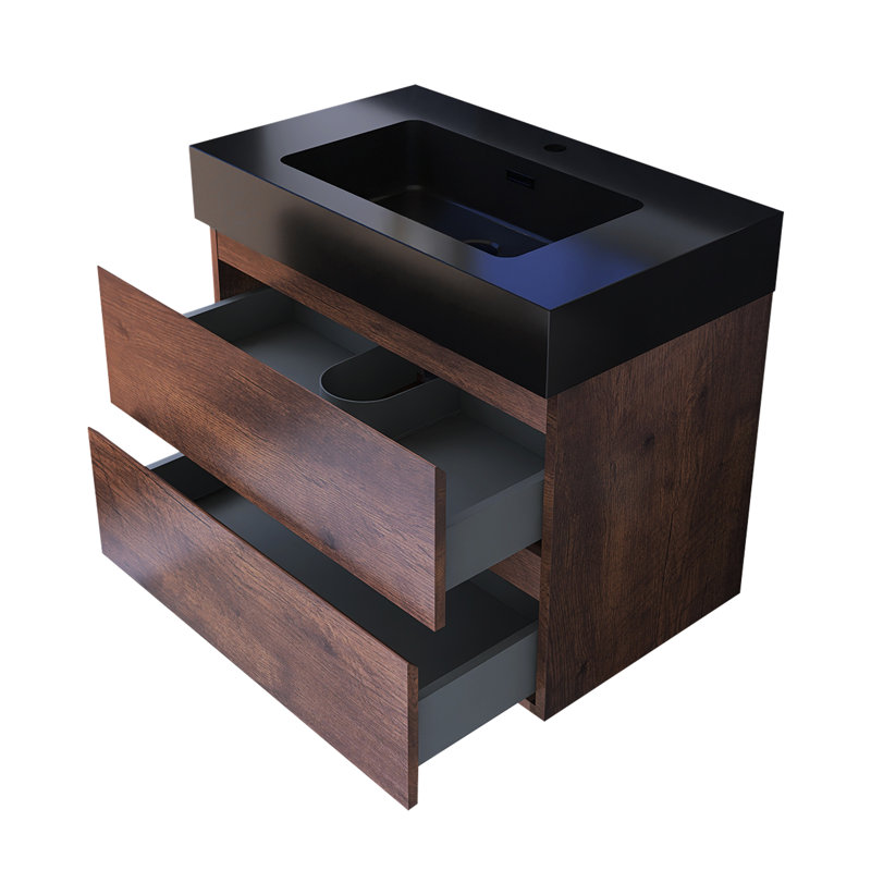 30 po W Meuble-lavabo mural à simple cuve avec lavabo noir, Noyer