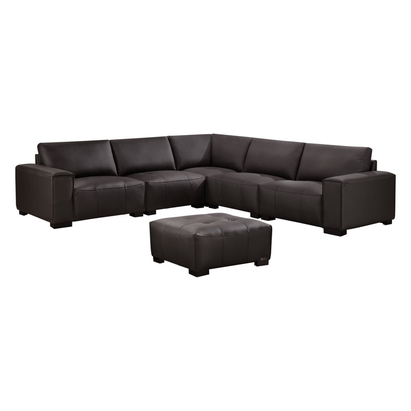 Canapé modulaire de coin symétrique en cuir véritable de 112 po avec repose-pieds Fawcette, Similicuir brun