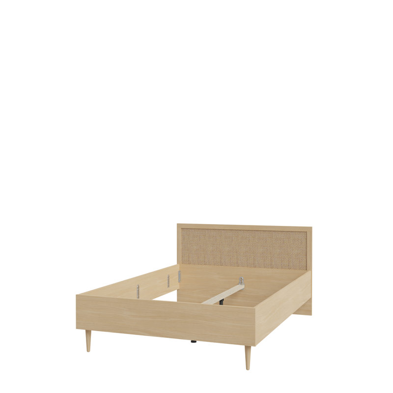Bed Frame with Headboard, Elegancia Oak/Polyrattan, 147 cm W x 90 cm H x 206 cm D, 147.40cm W x 206cm L