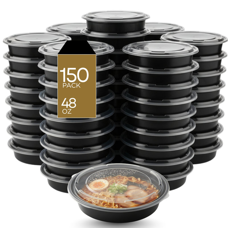Microwaveable Round Container with Lid, 48oz, 150-Pack