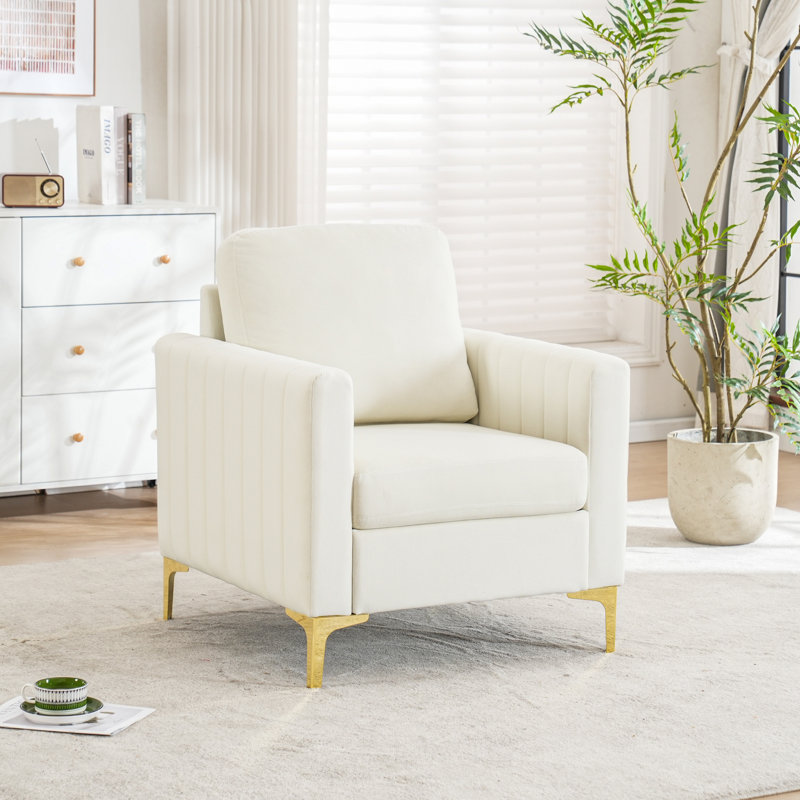 Velvet Accent Chair With Gold Metal Legs Comfy Reading Chair For Living Room, Ivory