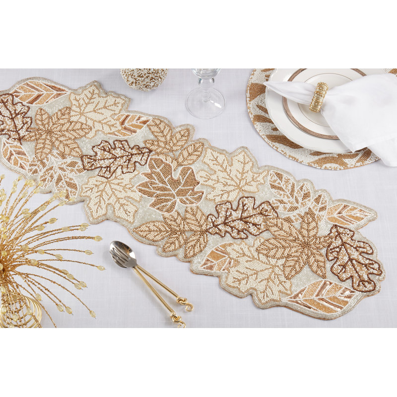 Bountiful Harvest Beaded Fall Leaves Table Runner
