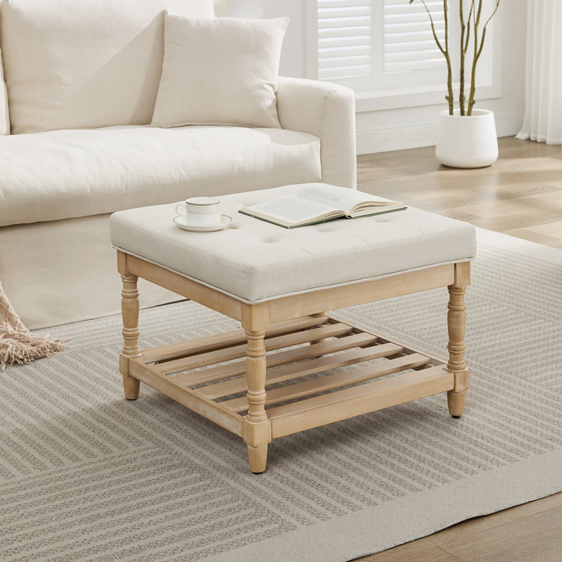 Gladis Linen Fabric Coffee Table with Storage, Beige Top/Light Brown Base