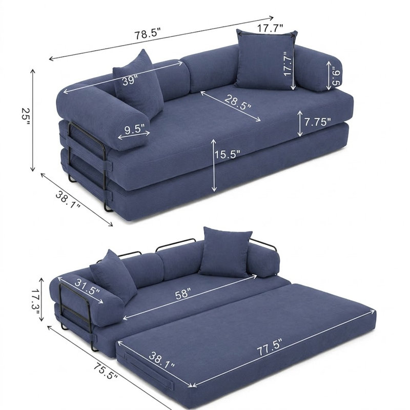 Boneless Foldable Compression Floor Sofa Bed – No Assembly, Navy Corduroy, Black