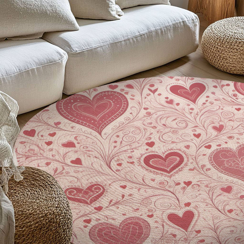 Tapis tressé à motif de cœurs roses, Rond 5 pi