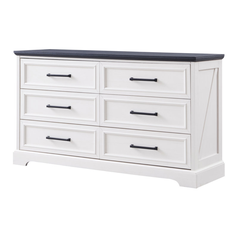 Ursula 52"W Farmhouse 6 Wide Drawer Dresser, Bedroom Chest of Drawers With  Anti-Tip Design, White/Black