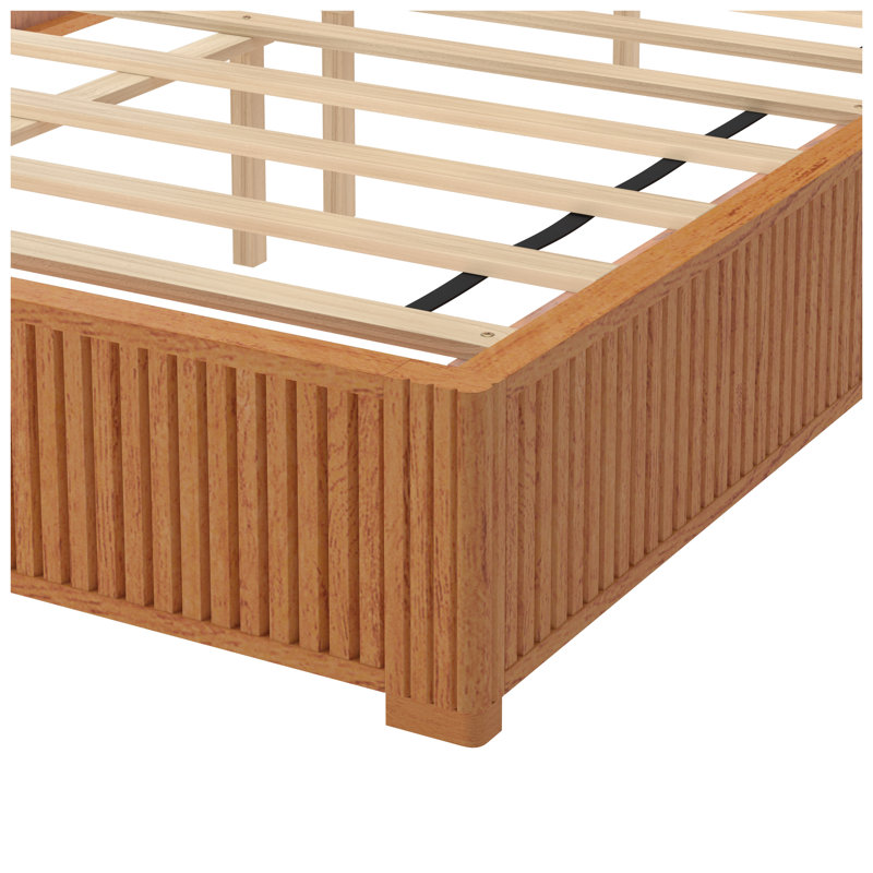 Natural Solid Wood Platform Bed Frame with Vertical Slatted Headboard - Queen Size Floor-Standing Bed, No Box Spring Needed