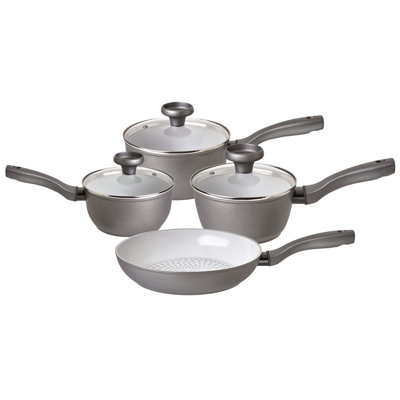 Earthpan Recycled induction Dishwasher Safe 4 Piece Saucepan and Frying Pan Set - 16,18,20cm Saucepans with Toughened Glass Lids and 24cm Frying Pan