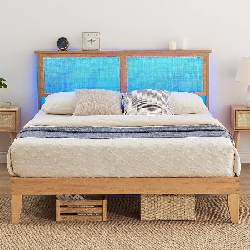 Queen LED Bed Frame With Natural Rattan Headboard, Queen Size Platform Bed Frame With LED Lights And Storage, Sturdy Wooden Slat Support, Mattress Foundation, No Box Spring Needed