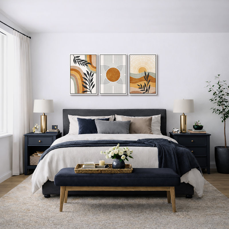 "Mid Western Modern Boho" Western Orange Brown Sun, H 24 po x l 48 po, Blanc