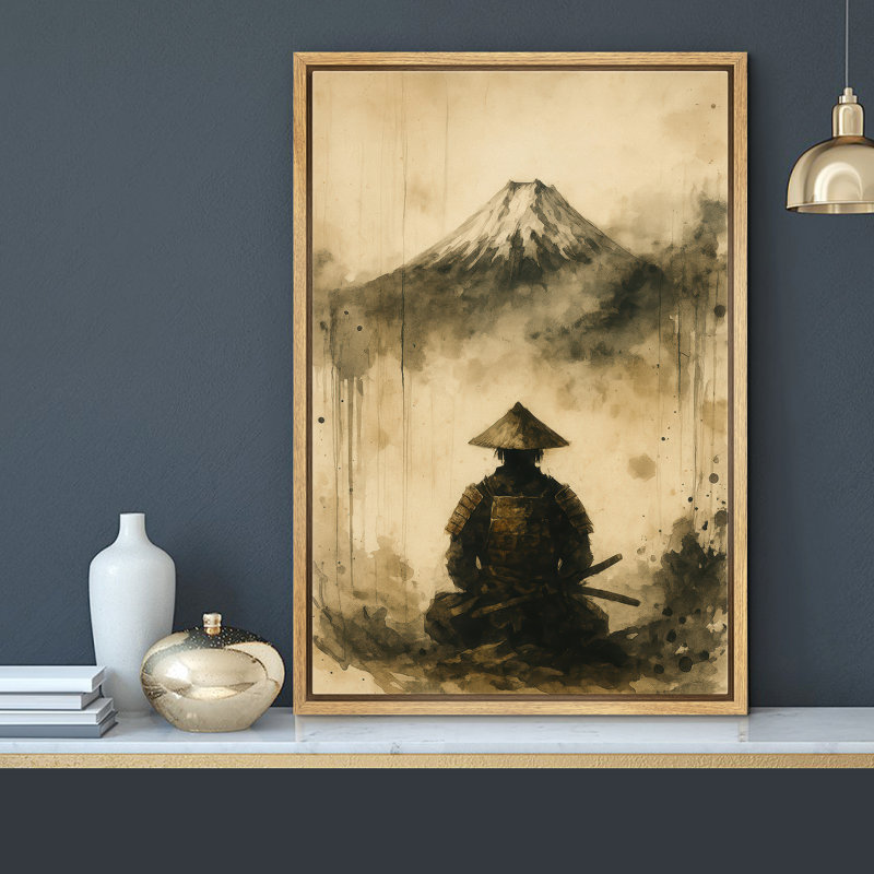 «Samurai with Mount Fuji Art», reproduction d'art sur toile encadrée, H 36 po x l 24 po x P 1,5 po, Cadre naturel