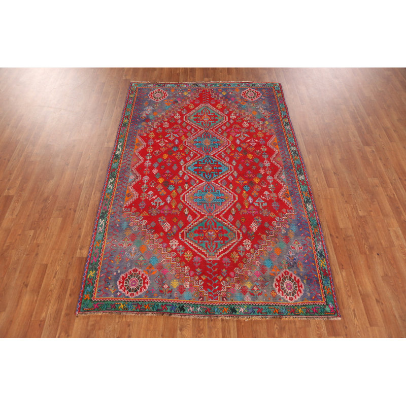 Tapis traditionnel rouge en laine à motif géométrique 5 x 8
