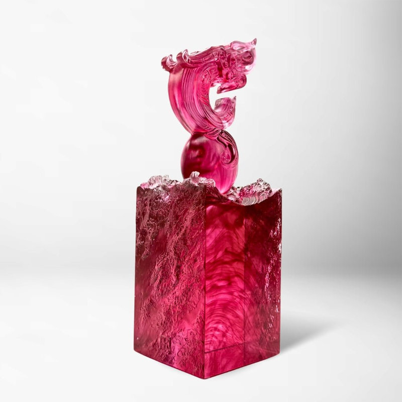 LIULI Crystal, Dragon Sculpture, Ocean wave | Signet of Courage (Gold Red)