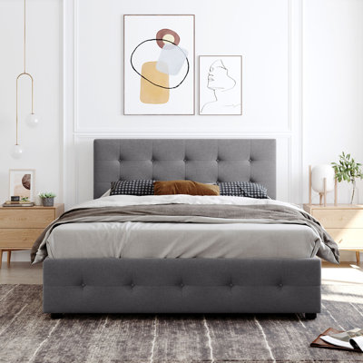 Lit plateforme tapissier avec tête de lit et 4 tiroirs, aucun sommier nécessaire, tissu en lin, grand