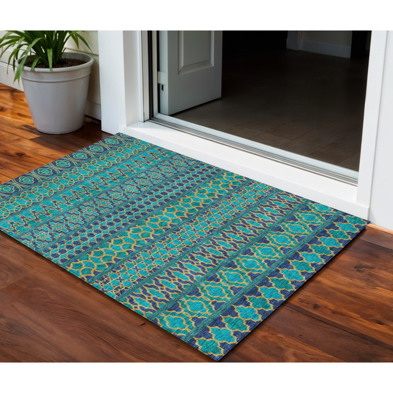 Tapis intérieur / extérieur lavable quadrilobe bleu sarcelle et bleu marine HomeRoots 3 pi x 5 pi