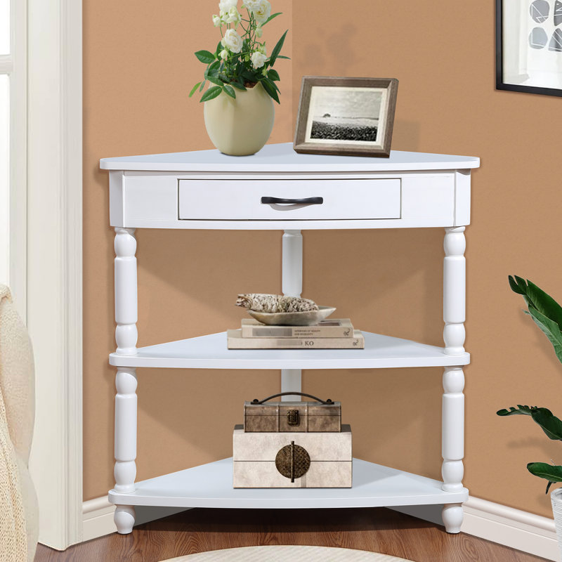 Table de coin compacte blanc laiteux, 33,8 po, avec des pieds en bois massif de 33,8 po, maximise l'utilisation de petits espaces