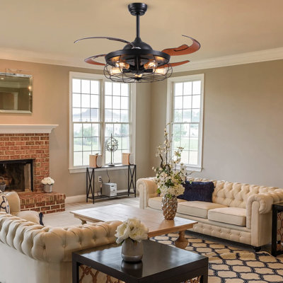 48'' Retractable Blades Black Ceiling Fan With Remote Control And Light Kit Included