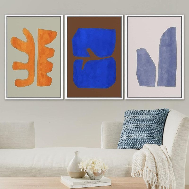 «Multicolor Mid-Century Modern Orange Blue», reproduction d'art encadrée sur toile 3 pièces, H 24 po x l 48 po x P 1,5 po