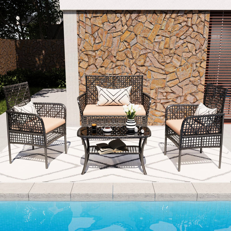 Ensemble de 4 chaises de jardin avec coussins en PE, coussins moelleux et table en verre trempé