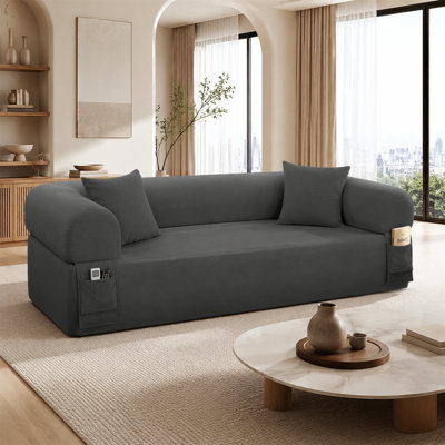 Canapé 3 places gris avec ressorts ensachés, poches de rangement et coussins