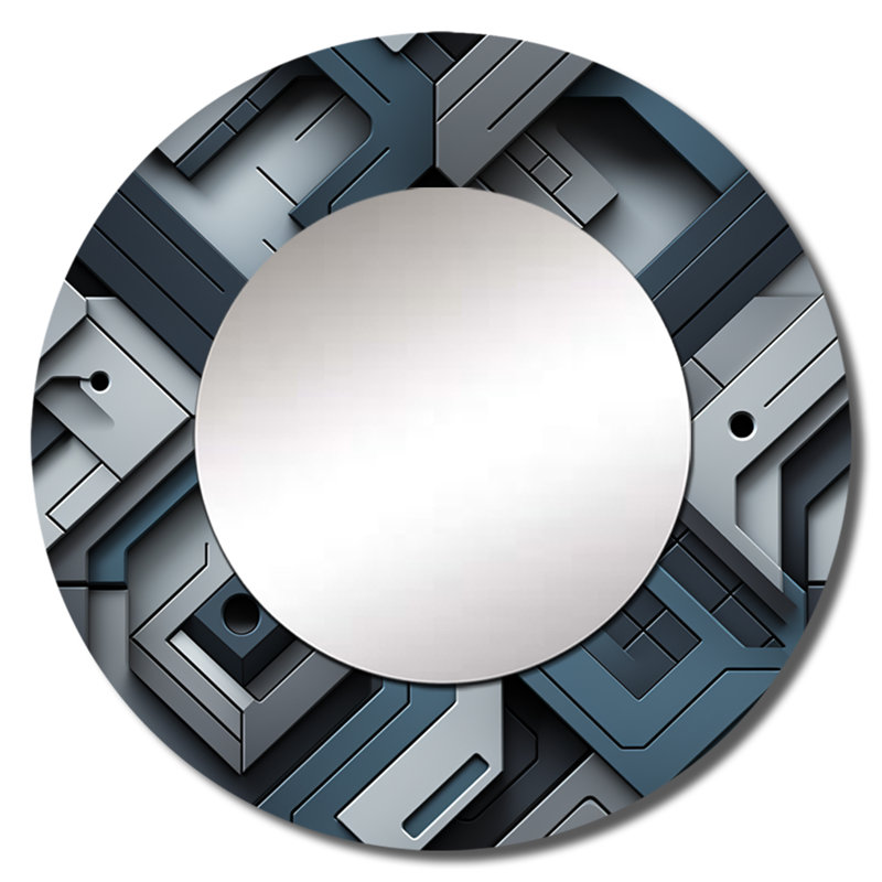 Rivkah - béton gris symétrique géométrique - miroir décoratif géométrique, miroir mural rond gris, impression d'art en métal
