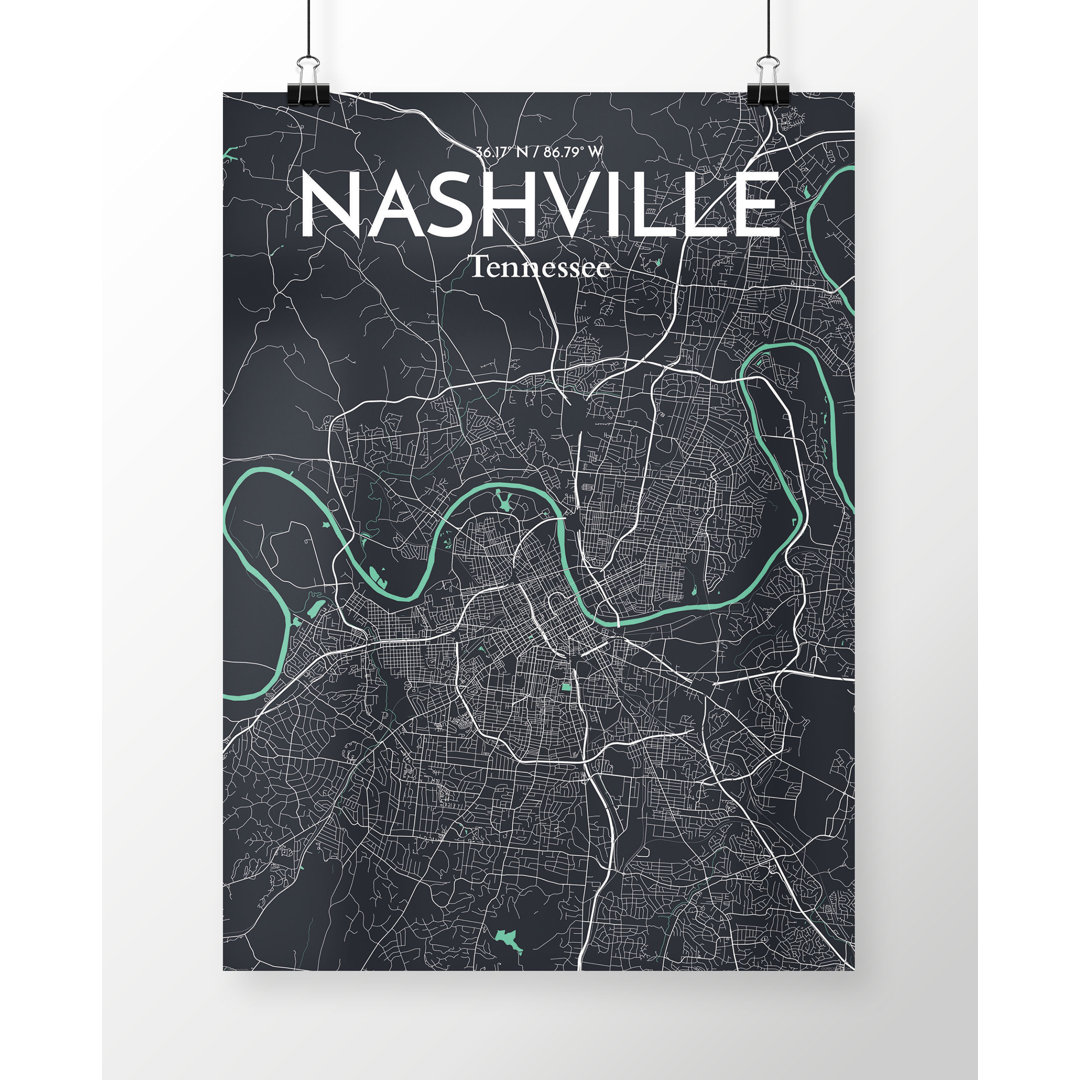 Nashville City Map Graphic Art Print Poster in Black Williston Forge 
