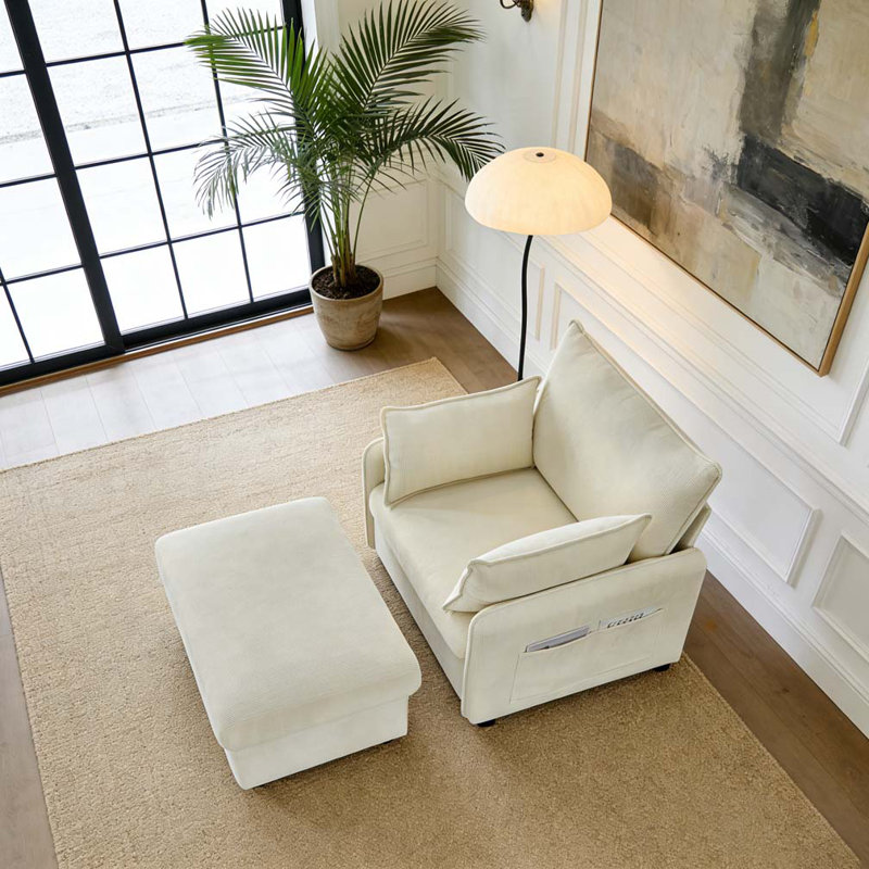 Méridienne surdimensionnée de 55 po pour l'intérieur avec repose-pieds et rangement, Beige