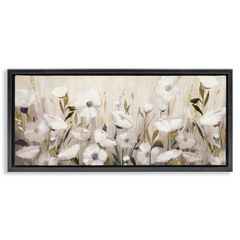 Cadre flottant Whispers Of Gold Flowers, design par Hannah Dawson, H 11 po x l 25 po, Cadre flottant noir de jais