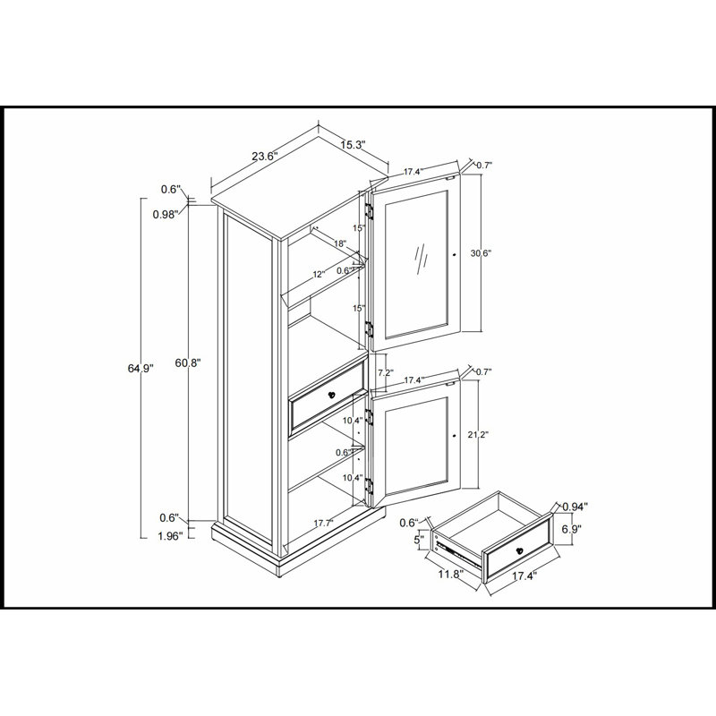 Tall Storage Cabinet, Freestanding Cabinet with Glass Door and Shelves, Sideboard cabinet, Cabinet with Drawer for Living Room, Kitchen, Dining Room, Office