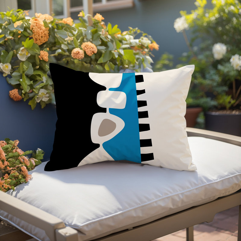 Kanai Abstract Reversible Indoor/Outdoor Rectangular Pillow, Turquoise/ Black/ Off-White, 14"H x 20"W