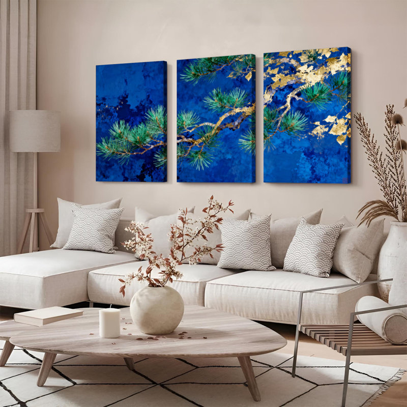Ensemble de 3 tableaux abstraits sur toile tendue, motif branches de pin, H 36 po x l 72 po