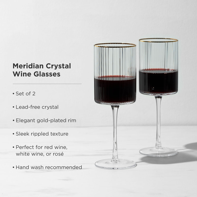 Meridian Ribbed Crystal Wine Glasses with Gold Rim, Set of 2