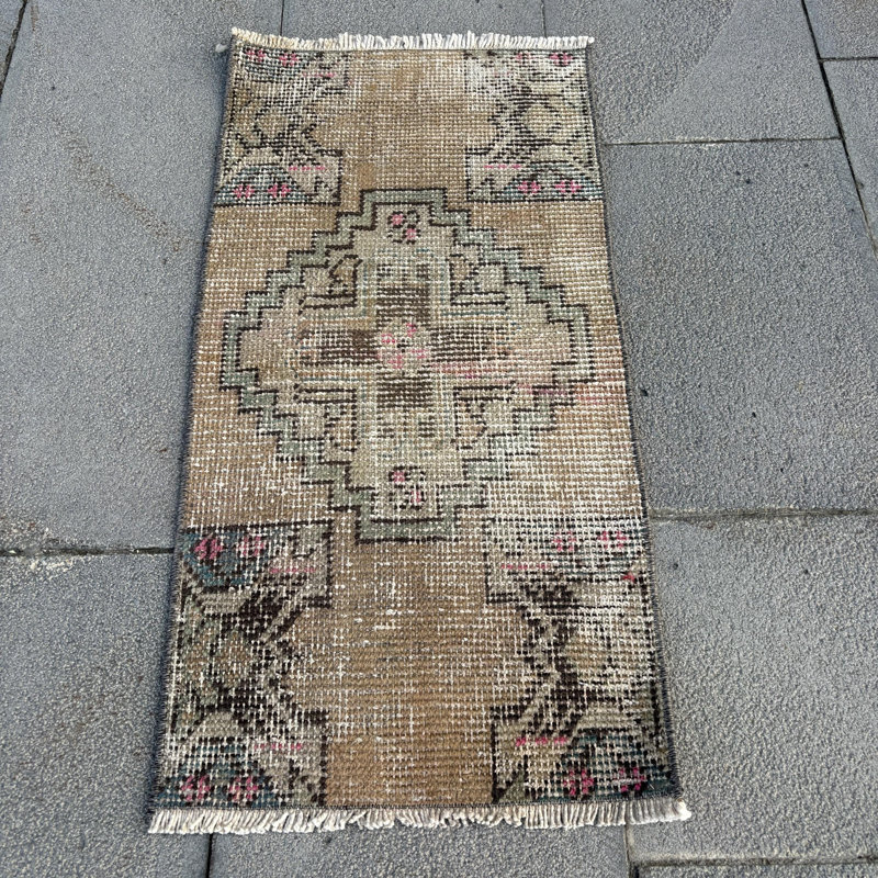 Authentic Vintage Turkish Hand-Knotted Wool Rug in Beige for Entryway Decor