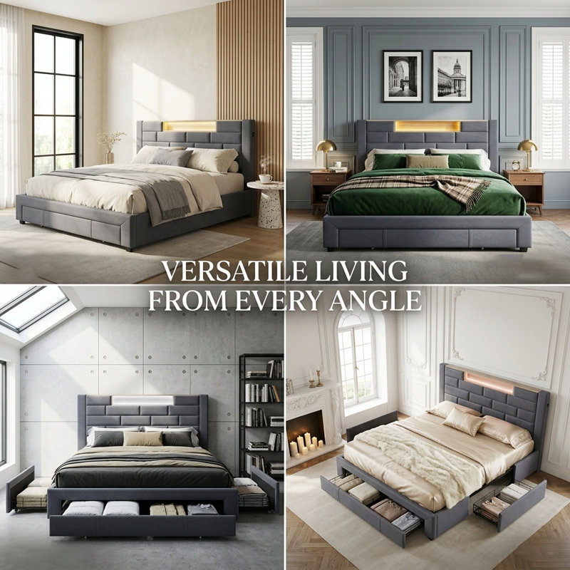 EU Sizes Upholstered Storage Bed With 3 Drawers, Velvet Bed Frame With Dual USB Ports & LED Headboard, Grey Velvet