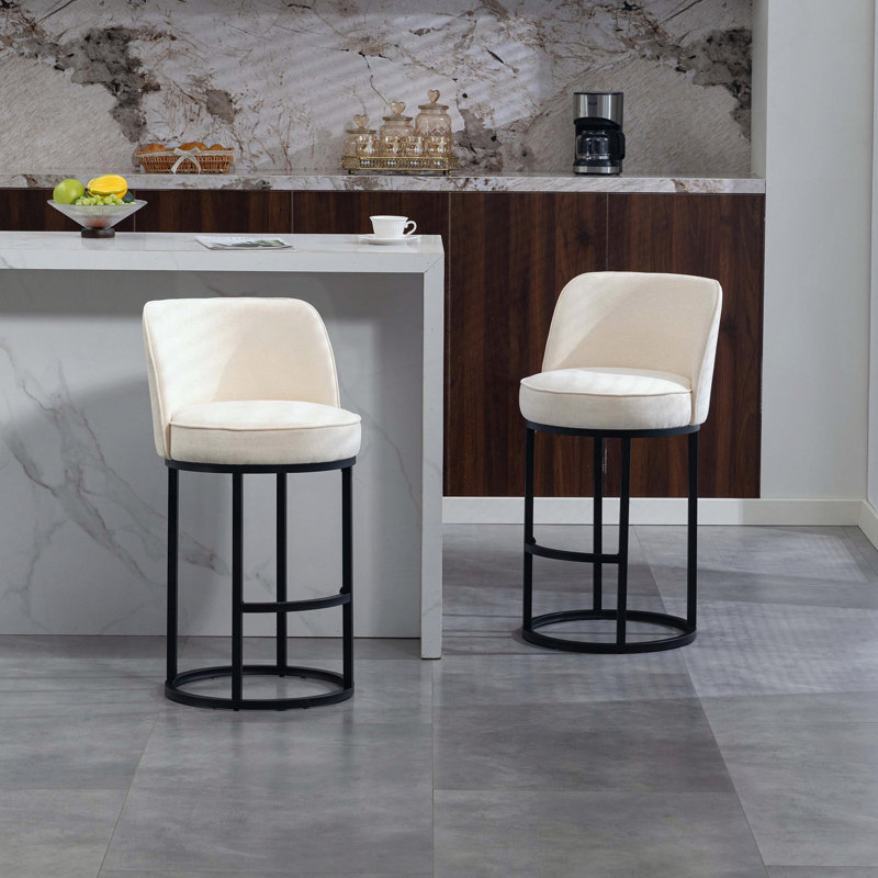 Ensemble de 2 tabourets de bar à hauteur de comptoir - motif tonneau - tissu de lin - pieds, Beige