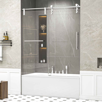 56-60" W * 66" H Frameless Single Sliding Shower Doors, Bathroom Sliding Shower Door With Towel Rail And Auxiliary Handle, 5/16" (8Mm) Thick SGCC Tempered Glass Door, Chrome (No Soft-Close)