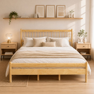 Très grand lit avec tête et pied de lit, lit en bois de pin avec cadre de lit renforcé