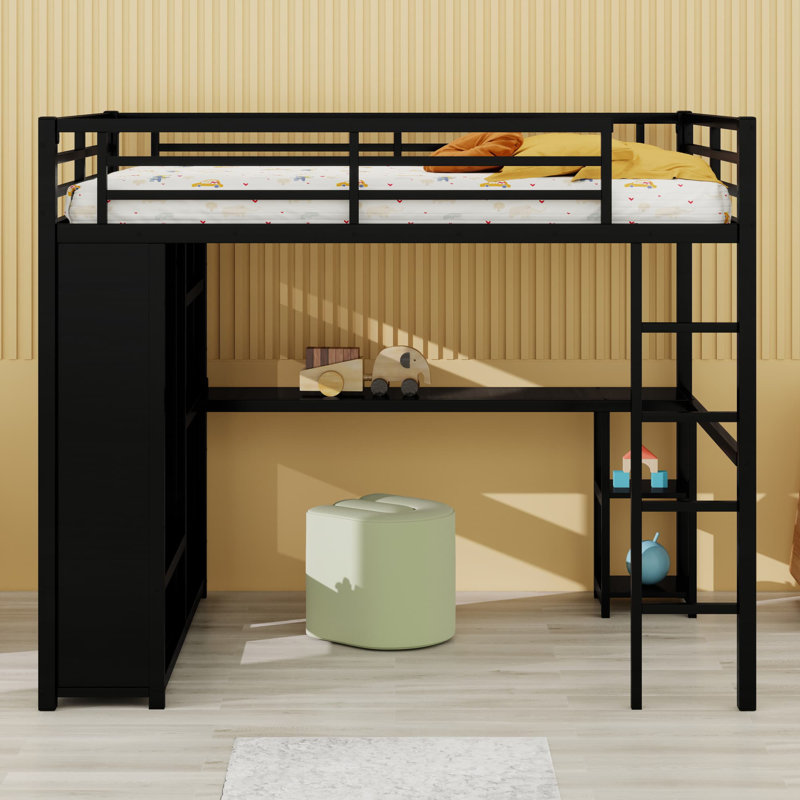Structure de lit mezzanine en métal avec garde-robe intégrée, bureau et tablettes de rangement, Lit double, Noir
