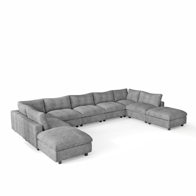 Canapé modulaire réversible en U 9 pièces avec 2 repose-pieds amovibles, Gris